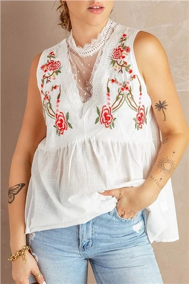 Ženska bijela izvezena heklana babydoll bluza